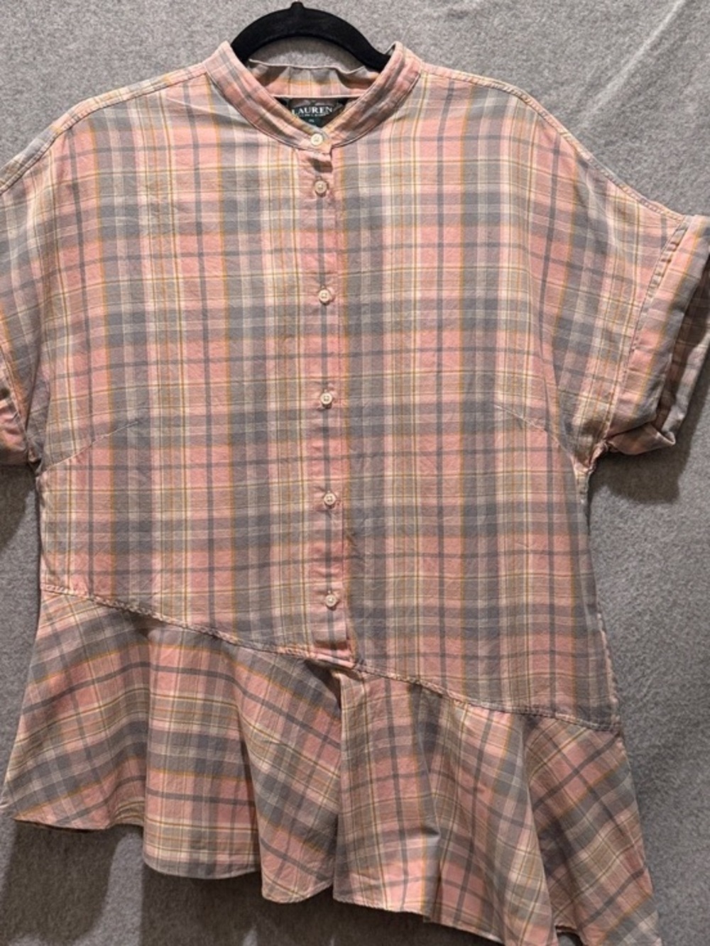Ralph Lauren Pink and Gray Plaid Short-Sleeve Peplum Button-Up Blouse